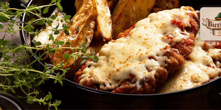 Bier Garten – Bife à parmegiana + 2 chops nacionais 300ml – TOP OFERTAS